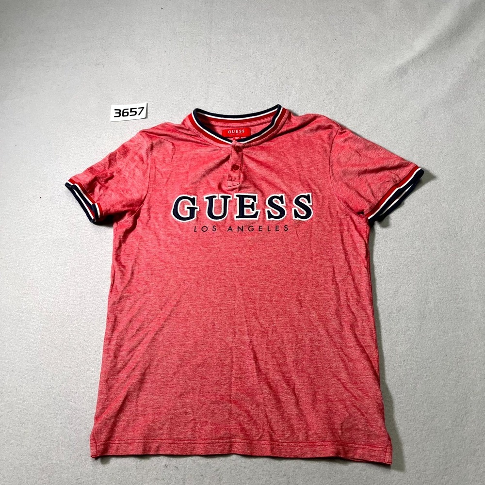Guess Los Angeles Henley Shirt Men Small Pink Embroidered Logo Short Sleeve Golf - Picture 1 of 7